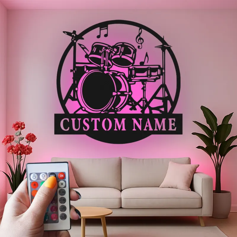 Décoration murale en métal LED personnalisée pour batteur - Cadeau musicien - Décor de salle de musique