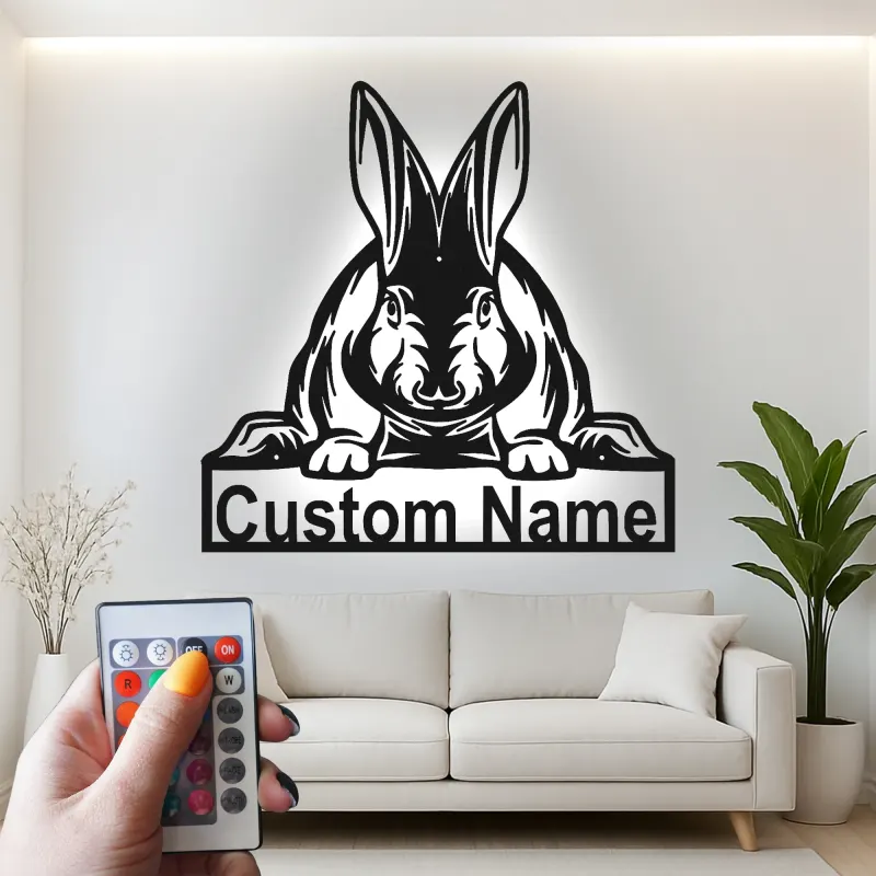 Realistic Rabbit LED Sign | Custom Metal Name Plaque for Nursery | Personalized Bunny Wall Art | Animal Lover Gift