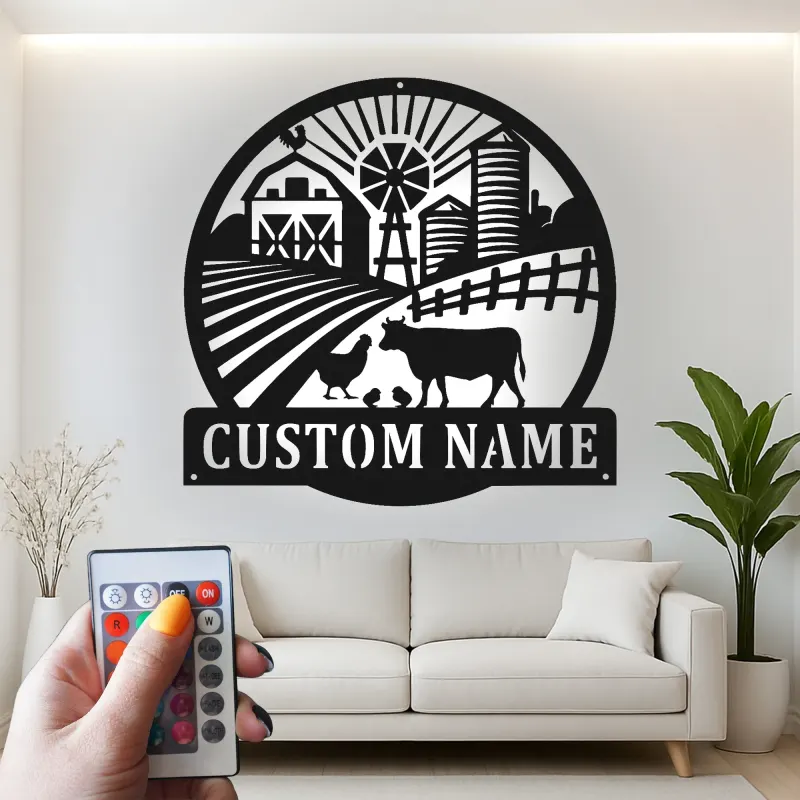 Cartel de Granja Personalizado con LED | Arte de Metal de Granja Personalizado | Placa de Nombre Familiar Rústica para Granjeros