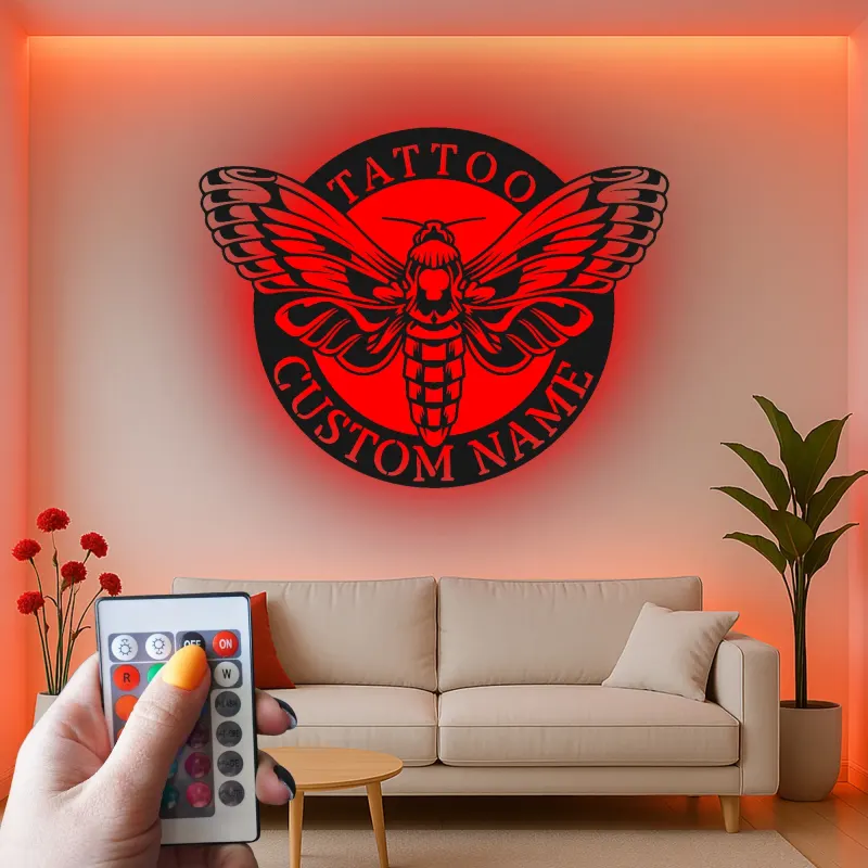 Custom Death's Head Moth LED Sign | Layered Metal Wall Art | Tattoo Studio Decor | Gothic Home Aesthetic | Personalized Business Logo