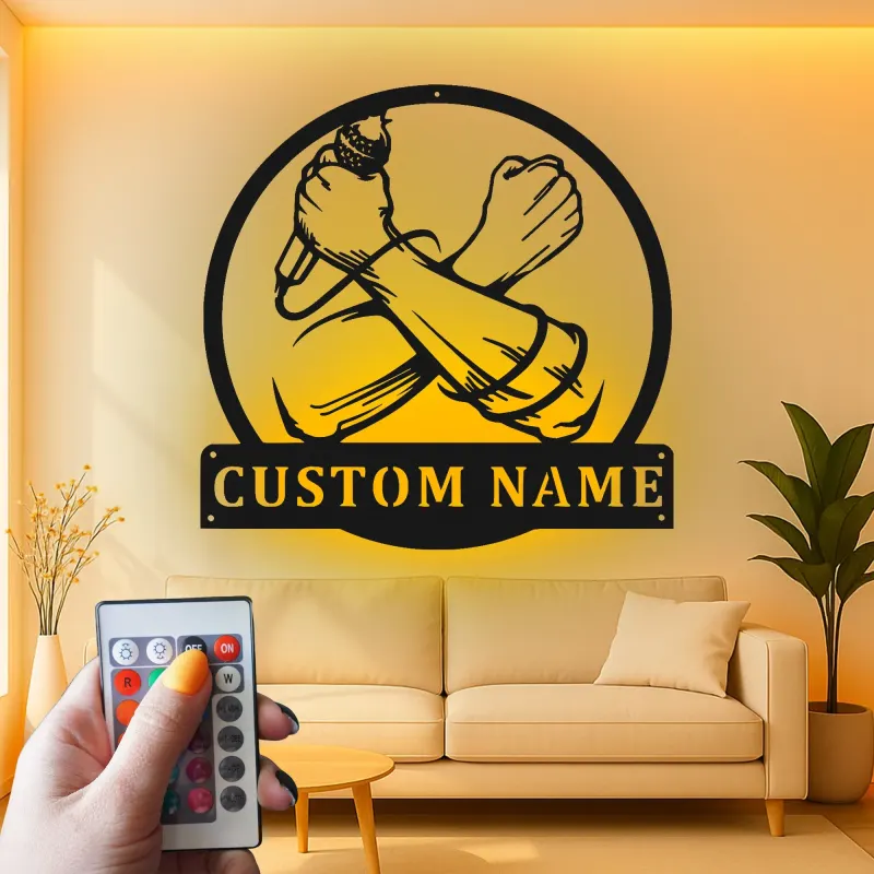 Custom Microphone and Fist Led Light Metal Wall Art Personalized Musician Gift Studio or Man Cave Decor