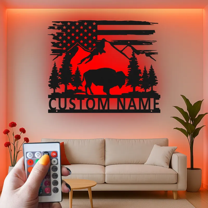 Custom Bison and Mountains Led Light Metal Wall Art Personalized Nature Lover Gift Rustic Cabin Decor