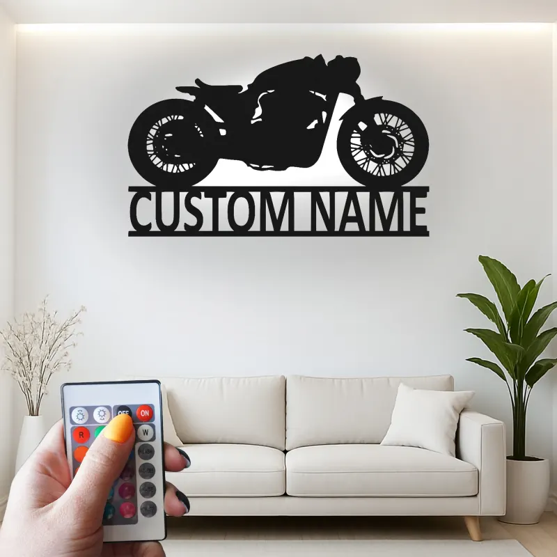 Insegna metallica personalizzata Cafe Racer | Arte murale LED per moto | Arredo garage personalizzato e regalo per biker