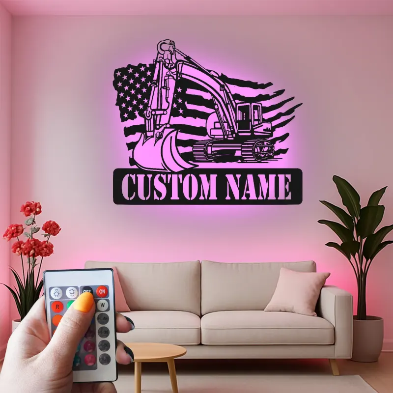 Décoration murale en métal LED personnalisée pour excavateur - Cadeau pour travailleurs de la construction - Décor de garage ou de bureau
