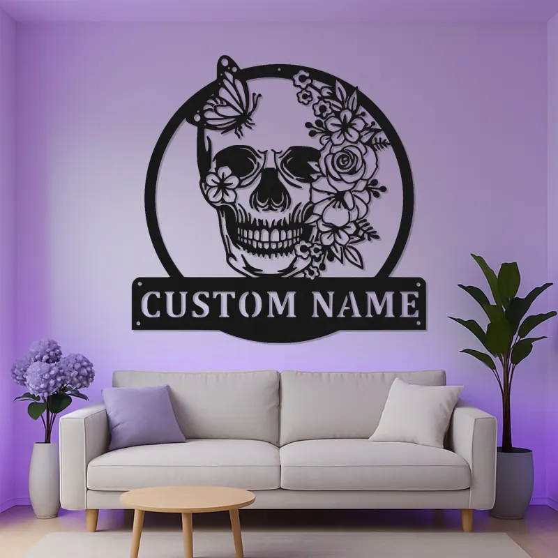 Floral Skull LED Metal Sign | Personalized Gothic Wall Art | Custom Name Decor for Bedroom, Studio & Living Room
