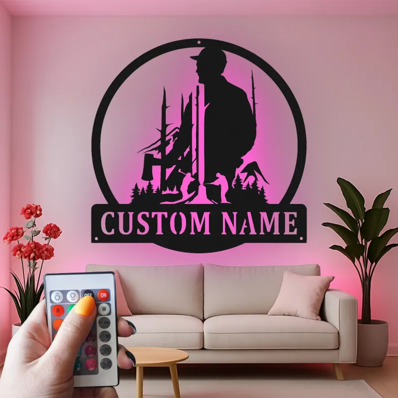 Lumberjack Silhouette Metal Sign | Custom LED Name Art | Rustic Cabin Decor & Woodsman Gift