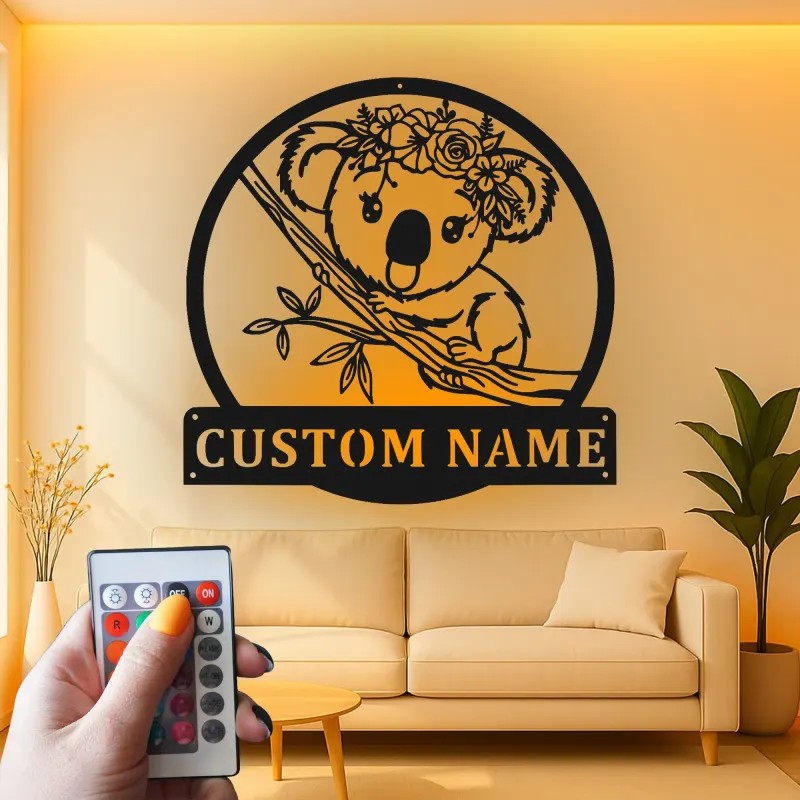 Cartel LED de koala personalizado | Decoración floral de nombre de bebé | Arte mural iluminado para guarderías