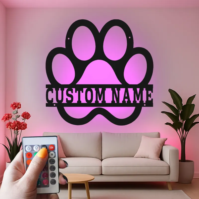 Cartel LED de huella de perro personalizado | Arte mural de metal | Decoración iluminada de nombre de mascota | Regalo para mamá perra | Acento de sala de estar