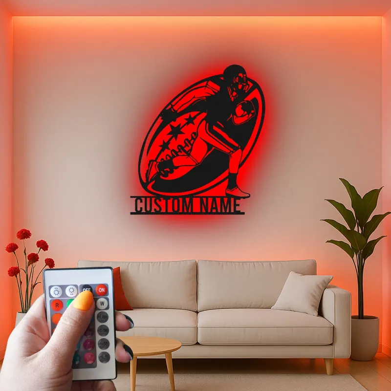 Insegna personalizzata con giocatore di football | Decorazione murale in metallo LED personalizzata | Arredo camera ragazzi e regalo per atleta | Luce sportiva per man cave