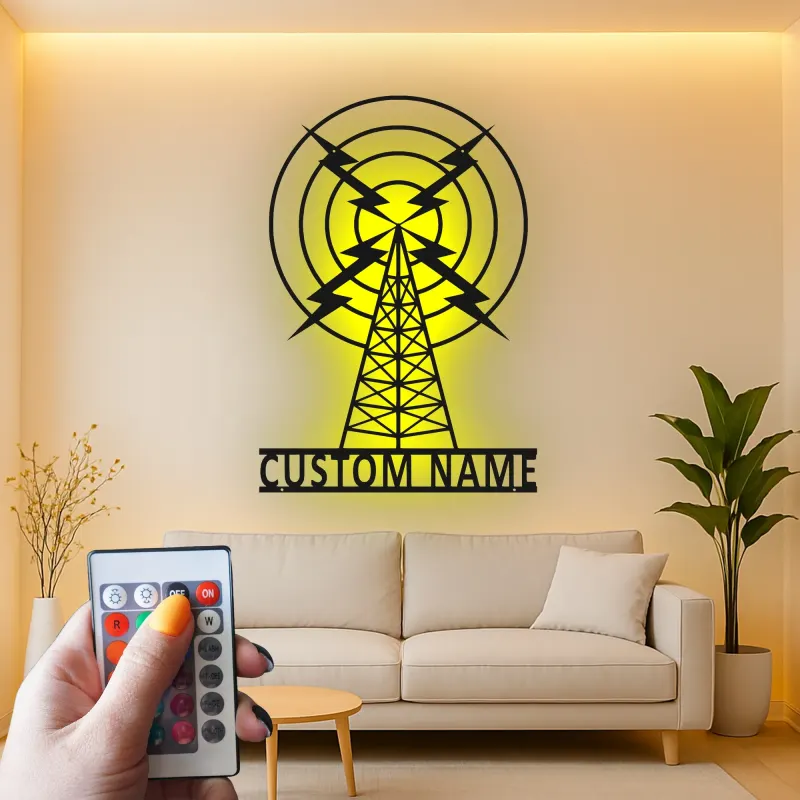 Personalisierte Metall-Schild eines Funkmastes | LED Vintage Broadcasting Kunst | Individuelles Geschenk für Funkamateur | Retro Studio Wanddekoration