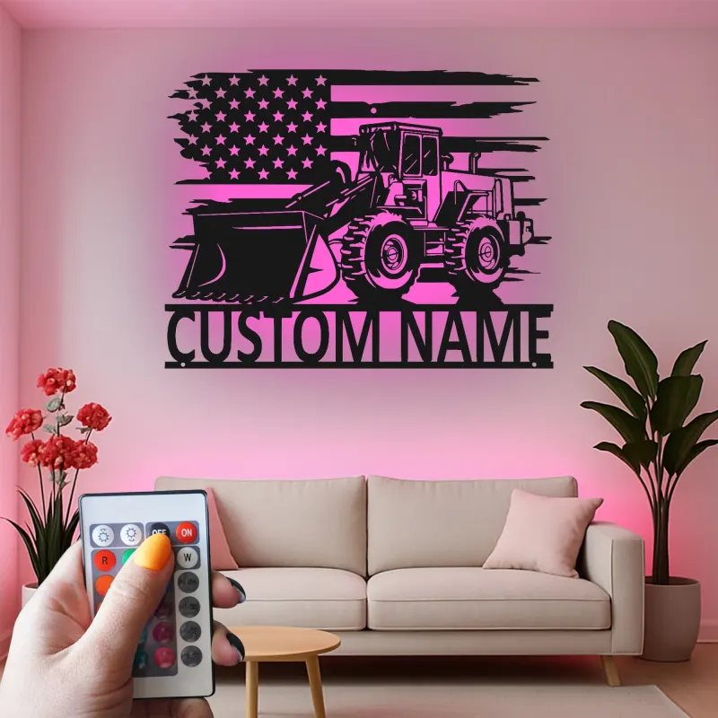 Custom Bulldozer American Flag Led Light Metal Wall Art Construction Gift for Him Garage or Workshop Decor