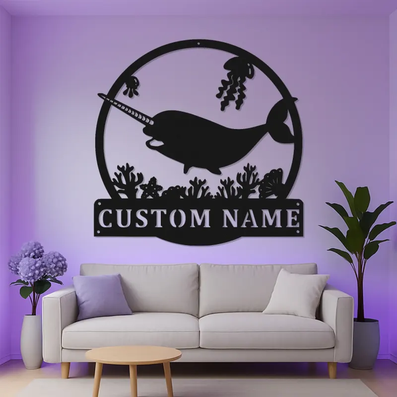 Personalized Narwhal Metal Sign | LED Nursery Night Light | Custom Ocean Theme Wall Art | Kids Room Decor