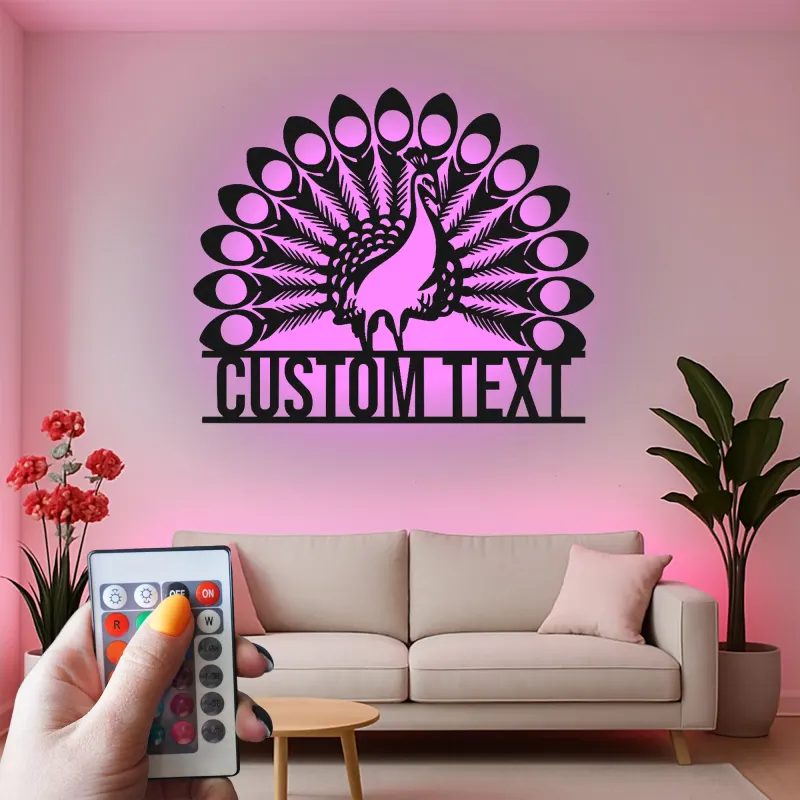 Cartel de metal personalizado con luz LED de pavo real, regalo para decoración del hogar, acento para salón o dormitorio