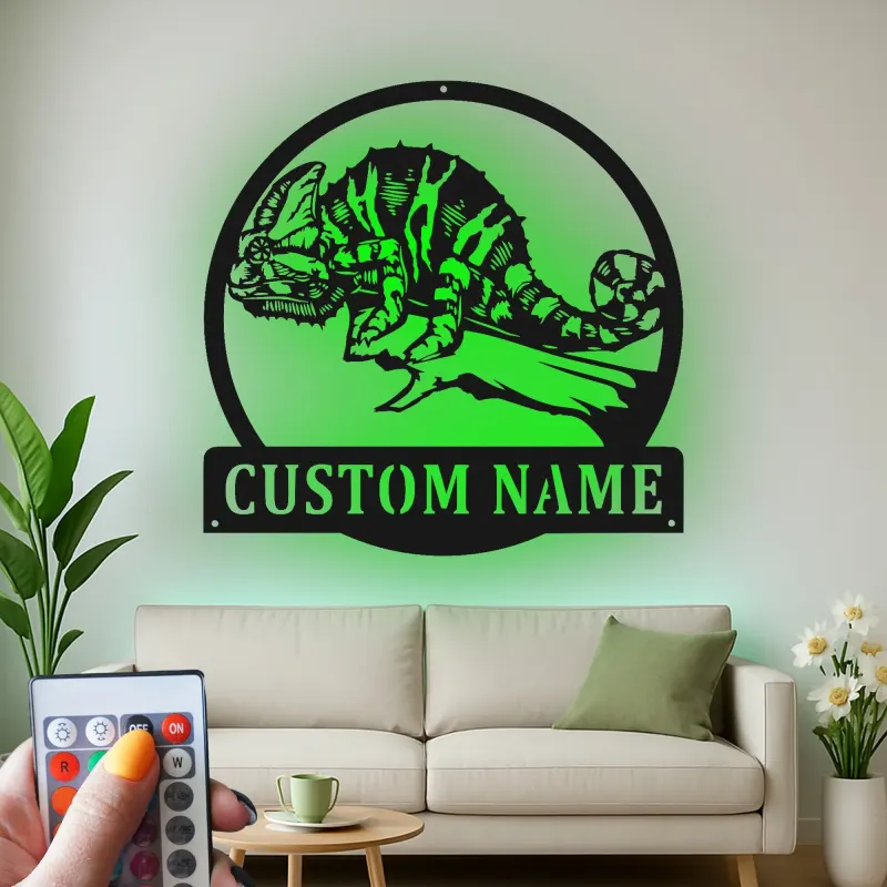Insegna in metallo LED personalizzata a forma di camaleonte - Regalo unico per amanti dei rettili, decorazione per camera da letto o ufficio