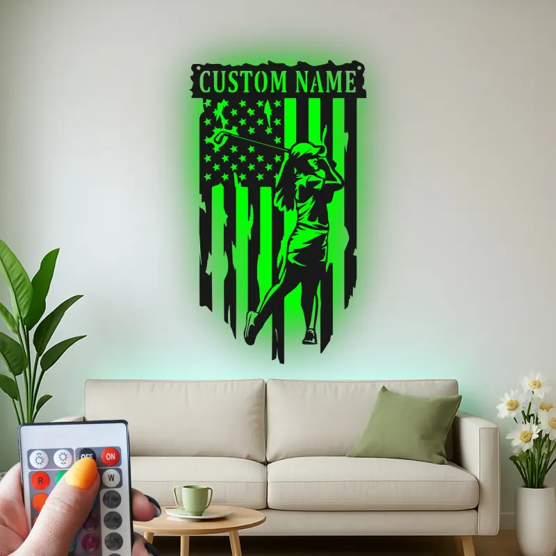 Panneau de golf personnalisé avec LED | Décoration murale en métal personnalisée pour golfeur | Décor drapeau américain pour bureau, maison et man cave