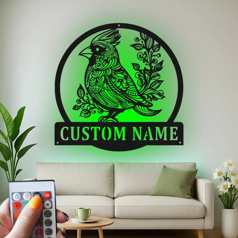 Décoration murale en métal personnalisée avec oiseau cardinal et rétroéclairage LED - Cadeau pour amoureux de la nature - Décor pour salon ou jardin