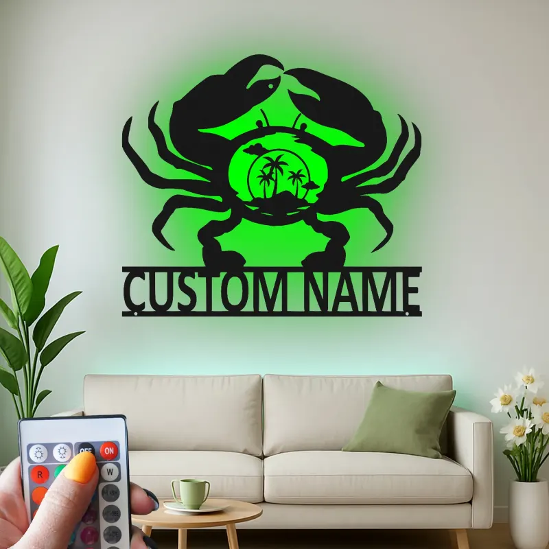Personalisierte Krabben-Strandszene LED-Wandkunst aus Metall – Küstengeschenk für Strandliebhaber, nautische Wohn-Deko