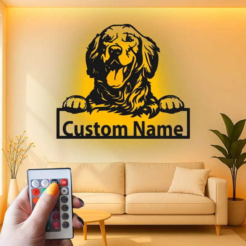 Insegna in metallo LED personalizzata per mamma di cani Golden Retriever, regalo per il soggiorno
