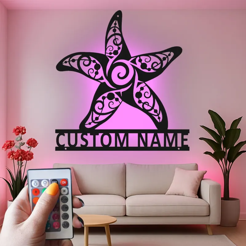 Art mural en métal étoile de mer avec rétroéclairage LED | Panneau de nom personnalisé pour décor côtier | Cadeau de maison de plage nautique sur mesure et signalétique d'entreprise