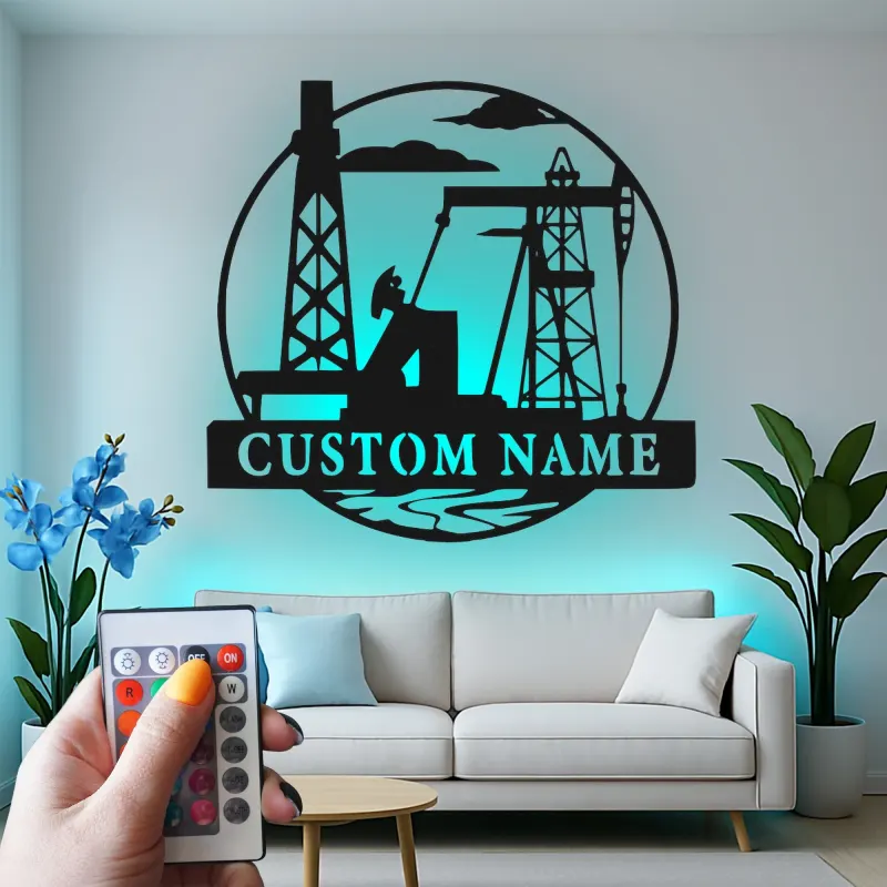 Cartel de metal personalizado de torre petrolífera | Arte mural LED industrial para oficina | Decoración personalizada con nombre de roughneck | Regalo para trabajador del sector petrolero