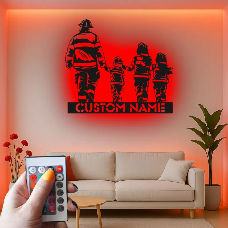 Insegna personalizzata per famiglia di vigili del fuoco | Arte murale LED in metallo | Regalo su misura per papà pompiere | Arredo per caserma