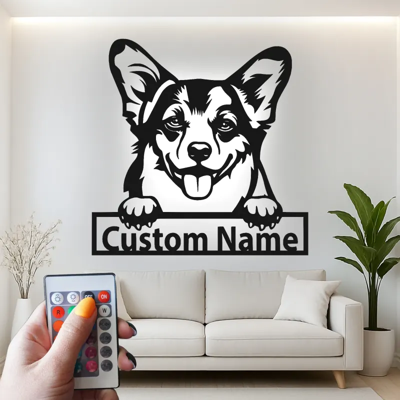 Décoration murale en métal LED personnalisée Corgi - Cadeau pour amoureux des chiens - Décor pour salon