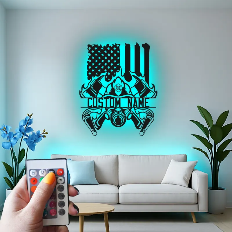 Panneau LED Personnalisé pour Pompier | Décoration Murale en Métal Personnalisée | Cadeau Patriote avec Drapeau Américain pour Pompier | Décor de Caserne de Pompiers