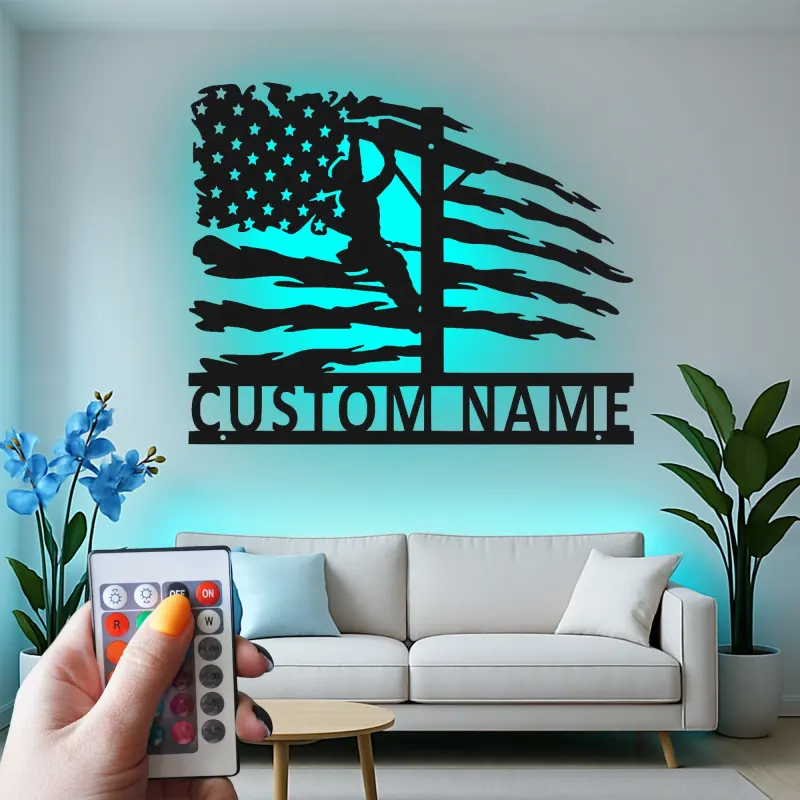 Custom Lineman Metal Sign | American Flag LED Wall Art | Personalized Patriotic Gift for Electrician | Utility Worker Decor