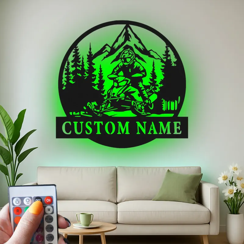 Individuelle Snowmobile LED Metall-Wandkunst | Personalisierte Bergfahrer-Schild | Geschenk für Snowmobiler & Hütten-Dekor