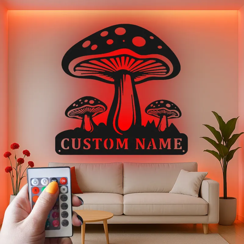 Psychedelisches Pilz-Trio LED-Schild | Personalisiertes Metallschild | Vintage Pilz-Dekor für das Schlafzimmer | Geschenk für Naturfreunde