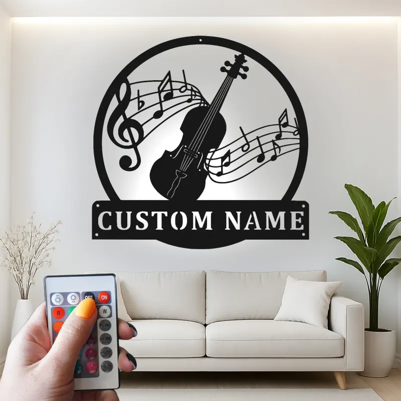 Insegna in metallo LED personalizzata con note musicali di violino - Regalo per musicisti, decorazione per studio o sala musica