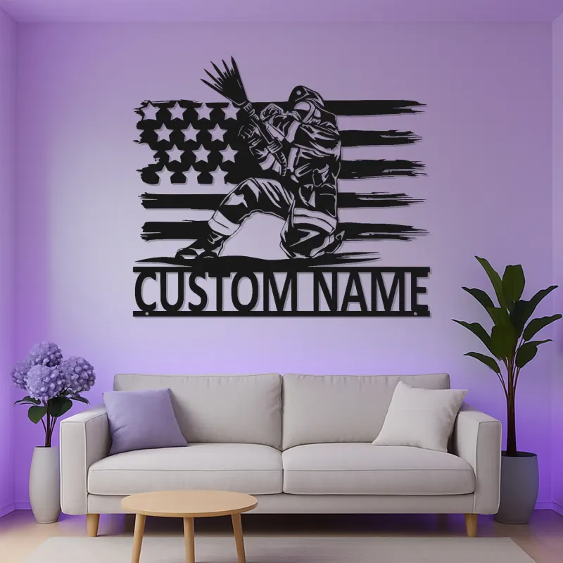 Panneau LED personnalisé pour pompier | Décoration murale en métal personnalisée avec drapeau américain | Cadeau patriotique pour pompier | Décor de caserne