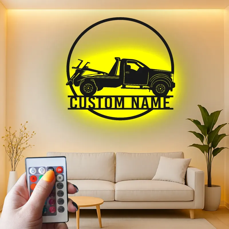 Panneau LED personnalisé pour dépanneuse | Décoration murale en métal pour garage | Cadeau décoratif pour mécanicien ou propriétaire d'entreprise