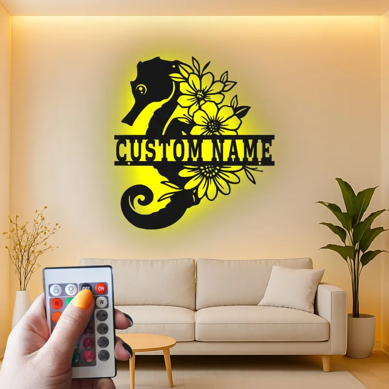 Custom Seahorse Name Sign | Floral Metal Wall Art with LED | Ocean Decor for Beach House | Personalized Nautical Gift