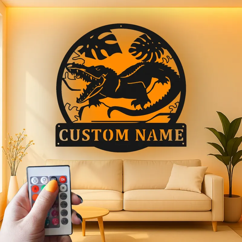 Custom Dinosaur Led Light Metal Wall Art Personalized Gift for Kids Jungle-Themed Bedroom Decor