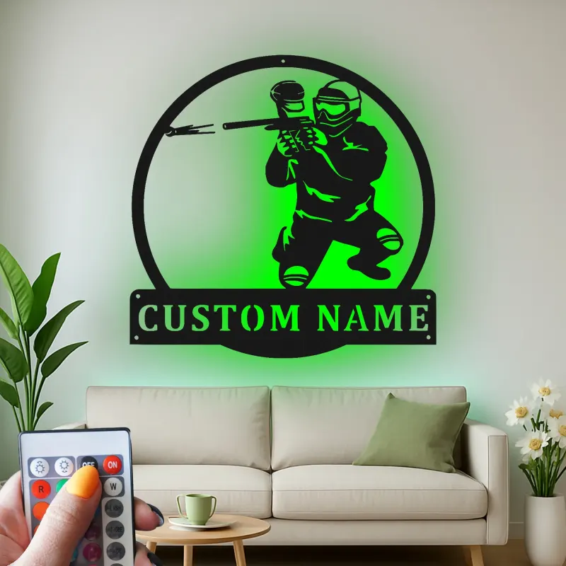 Insegna LED personalizzata per giocatore di paintball | Arte murale in metallo personalizzata | Decorazione per sala giochi e man cave | Luce d'azione retroilluminata