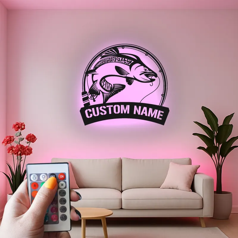 Panneau de pêche personnalisé avec LED | Décoration murale en métal sur mesure de bar | Déco prénom de pêcheur pour maison de lac et chalet