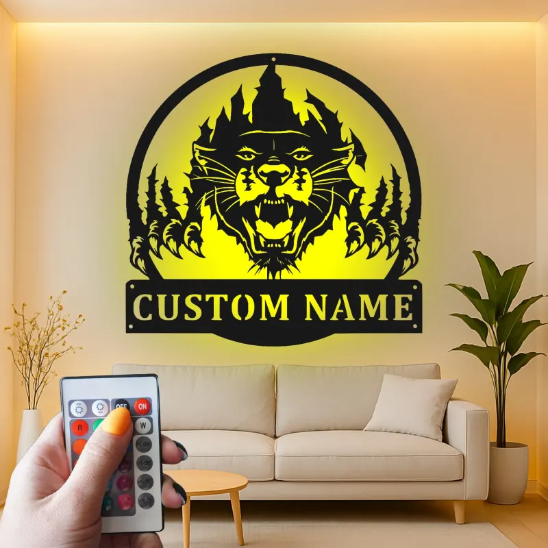 Insegna in metallo LED personalizzata con pantera, regalo per amanti della fauna selvatica, decorazione rustica per cabin