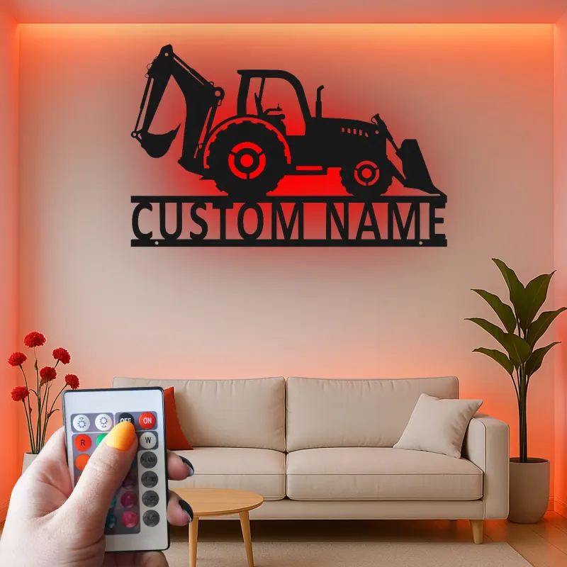Custom Backhoe Tractor Led Light Metal Wall Art Personalized Gift for Construction Enthusiast Garage or Office Decor