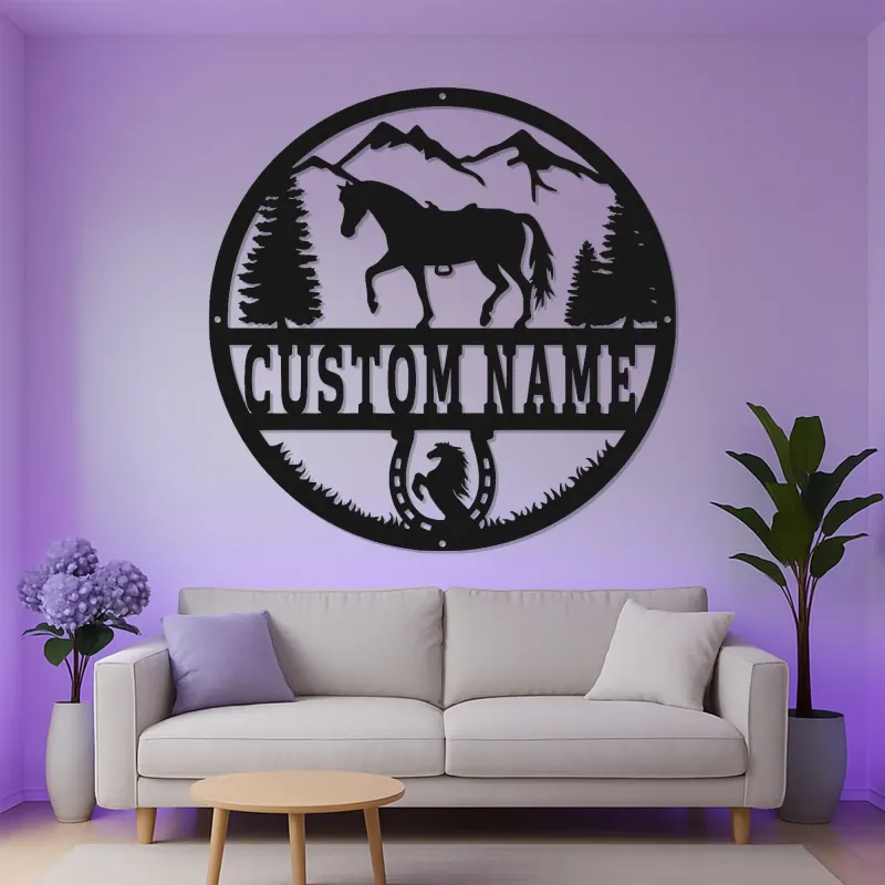 Panneau personnalisé avec nom de cheval | Décoration murale en métal LED pour ranch et maison | Cadeau équestre sur mesure