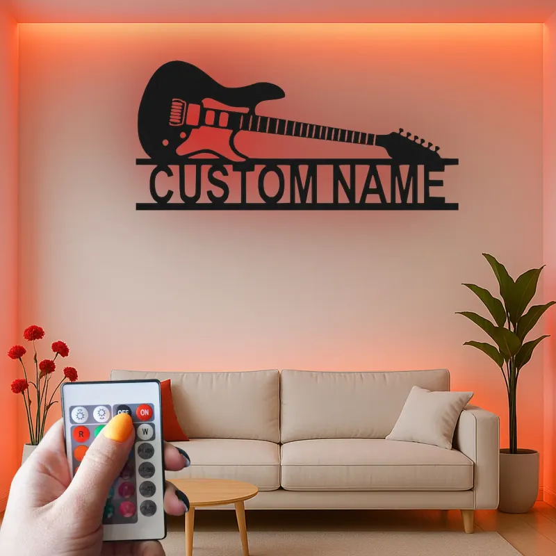 Letrero LED de guitarra personalizado | Decoración mural de metal personalizada para sala de música | Decoración retroiluminada con nombre para músico y regalo para guitarrista