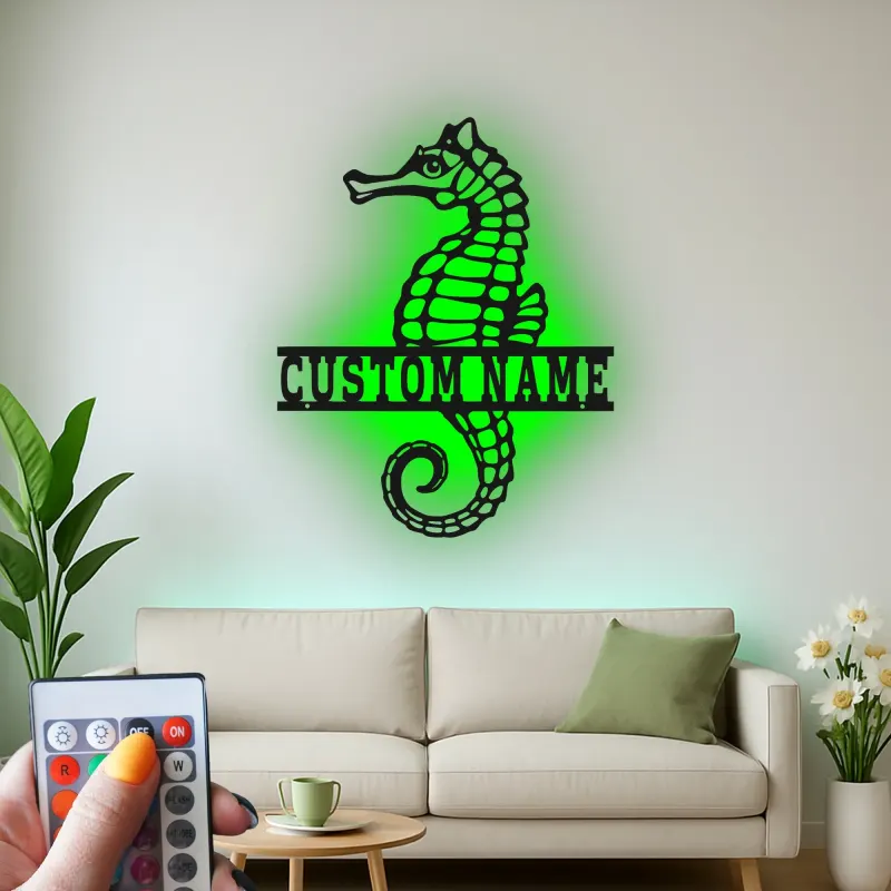 Panneau Métal LED Hippocampe Personnalisé | Décoration Murale Nautique Personnalisée | Décor Maison Côtière & Cadeau pour Amoureux de l'Océan