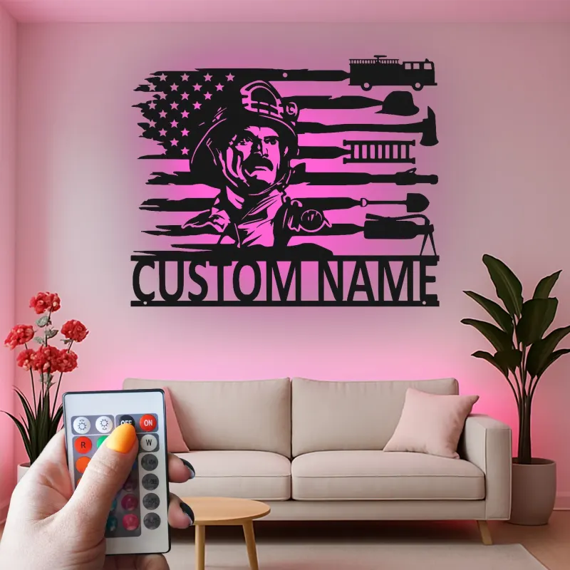 Cartel de Metal de Bombero Personalizado con LED | Arte Mural LED Patriótico de Bandera Americana para Regalo de Bombero