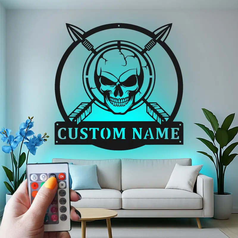Panneau LED Crâne Chasseur Personnalisé | Décoration murale en métal pour chalet & homme cave | Cadeau chasseur avec flèches croisées