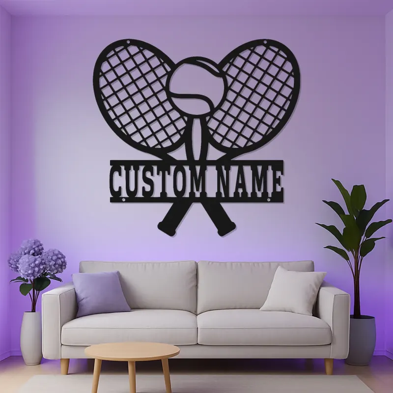 Insegna LED personalizzata con racchetta da tennis | Decorazione murale in metallo personalizzata | Arredo per stanza sportiva | Regalo premium per giocatori