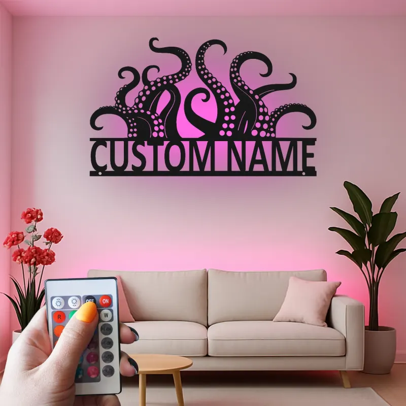 Cartel LED personalizado de tentáculos de pulpo | Arte de metal con nombre personalizado | Decoración náutica para negocios y hogar costero | Regalo para amantes del mar