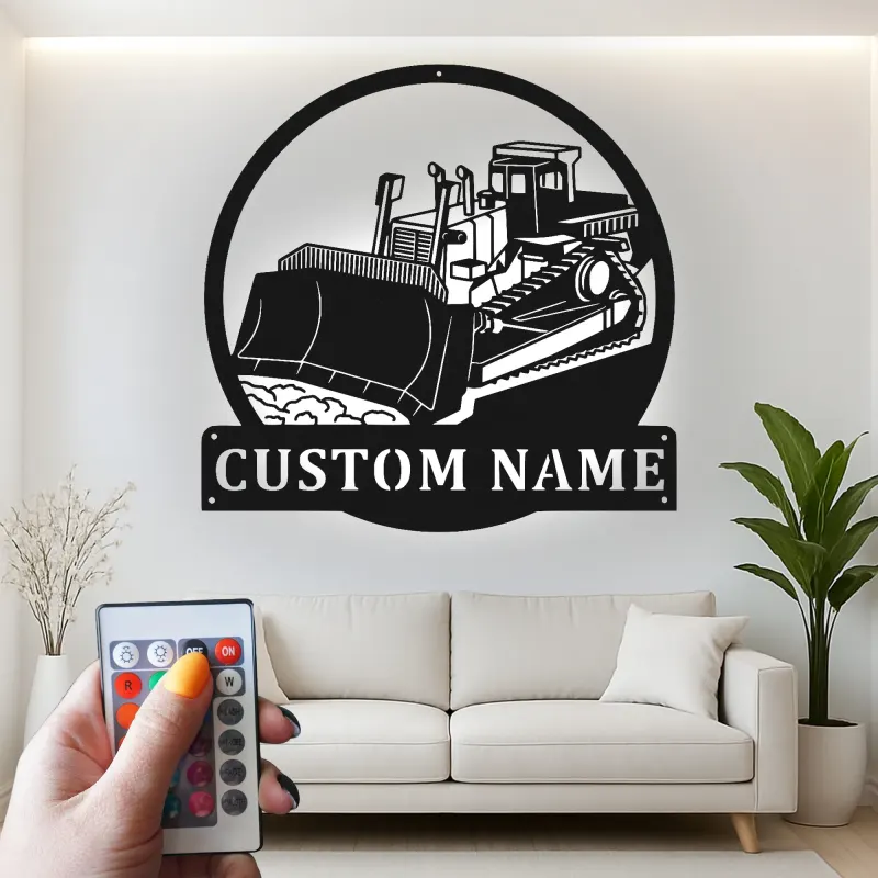 Cartel de metal LED de bulldozer personalizado, regalo de construcción para él, decoración de garaje u oficina para amantes de equipos pesados