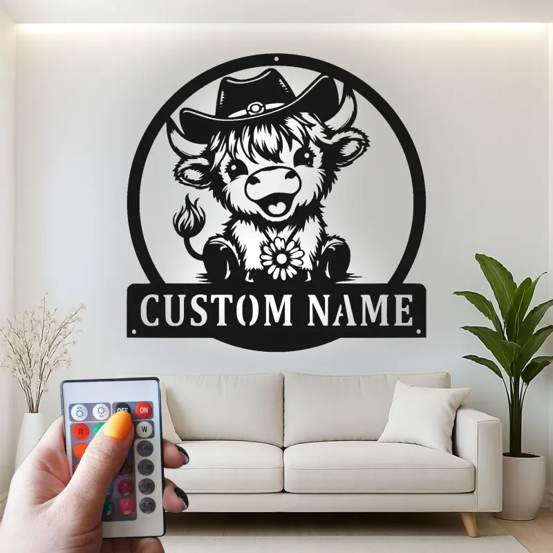 Custom Highland Cow LED Sign | Personalized Metal Wall Art | Western Nursery Decor | Farmhouse Ranch Gift for Her