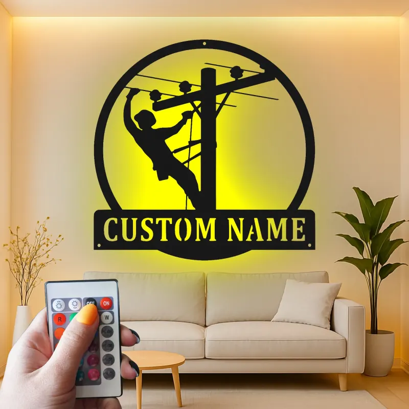 Lineman LED Metal Wall Art | Personalized Utility Worker Gift | Custom Name Powerline Technician Sign for Man Cave or Office Decor