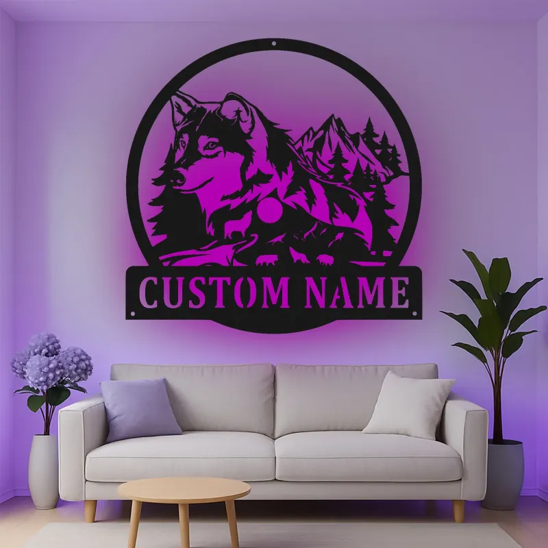 Cartel de metal personalizado de lobo y montaña con luz LED Regalo para amantes de la naturaleza Decoración rústica de cabaña